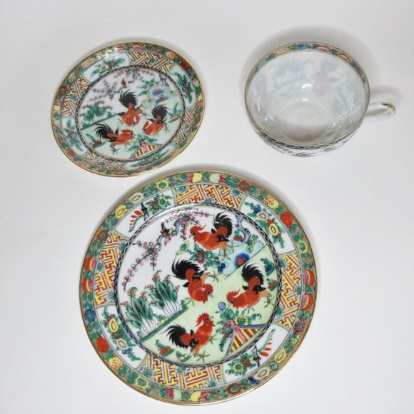 Antique Porcelain Tea Trio Rooster Pattern - Picture 5 of 9
